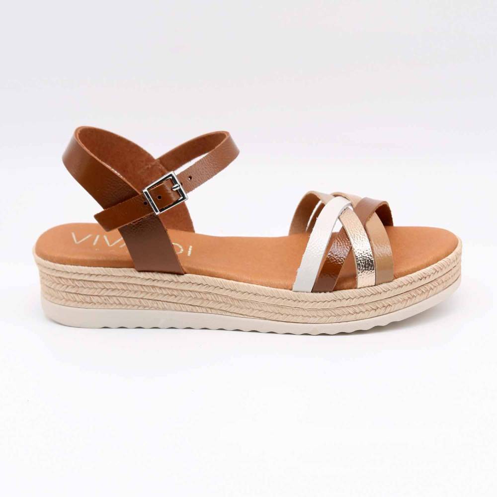 SANDALE COMPENSEE 6010 CUIR-COGNAC ET BEIGE