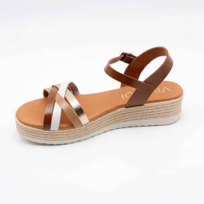 SANDALE COMPENSEE 6010 CUIR-COGNAC ET BEIGE
