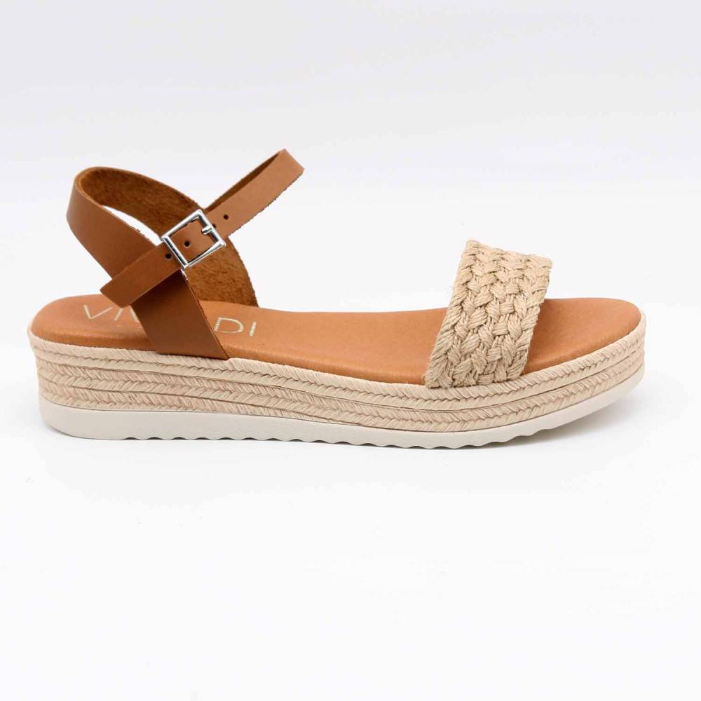 SANDALE COMPENSEE 6013 CORDE ET CUIR COGNAC